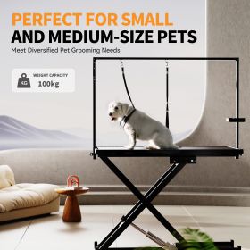 Height Adjustable Pet Grooming Table, Equipped With Leveling Wheels, Dog Grooming Arms, Anti Slip Tabletop, And Tool Organizer 50 Inches, Black, (Color: Black)